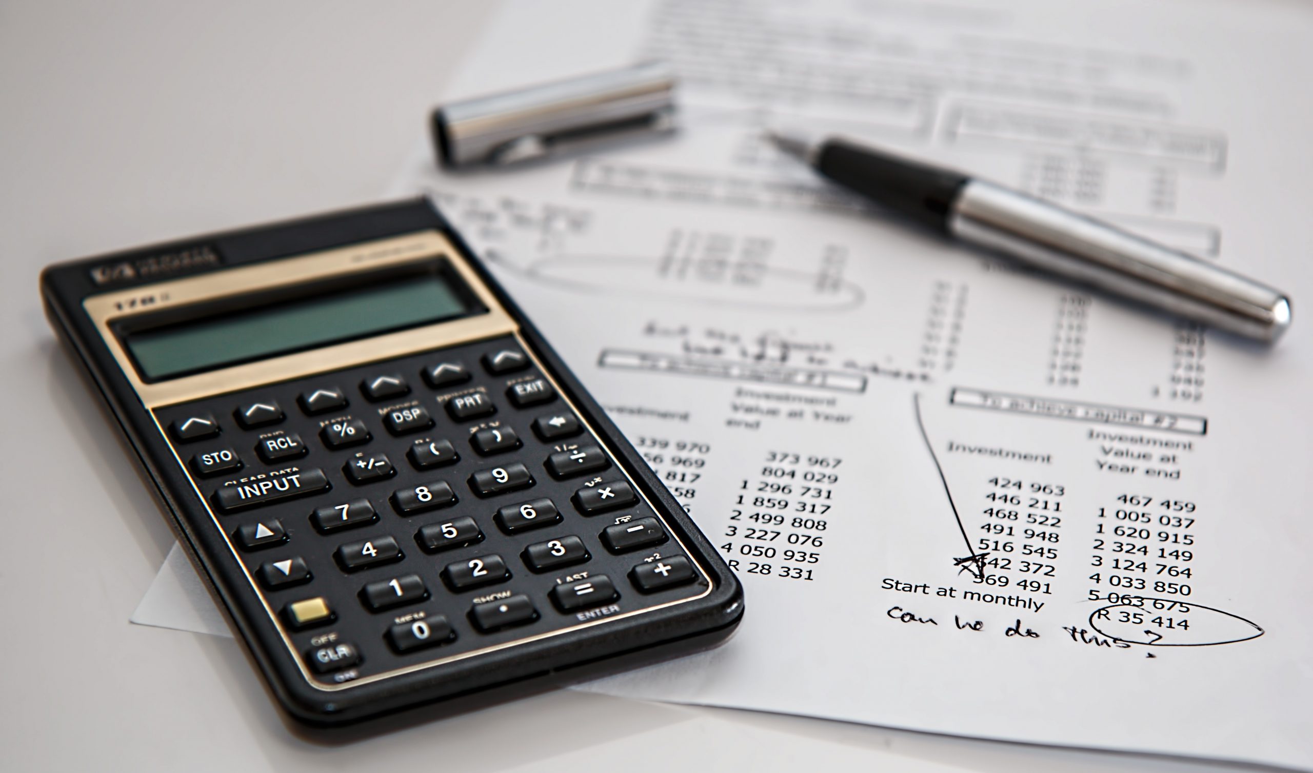 Image shows a calculator, pen and paper with budget calculations on it.